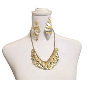80s Art Deco Bib Necklace Fish Scale Choker Textured Oval Disc Charms Earrings